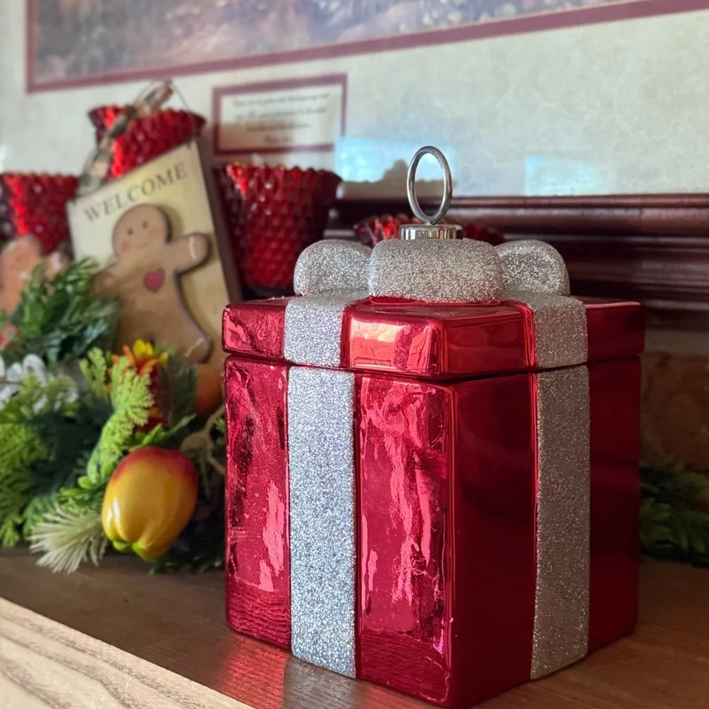 Festive Red Gift Box Ornament with Silver Bow - Holiday Home  Cookie Jar Decor